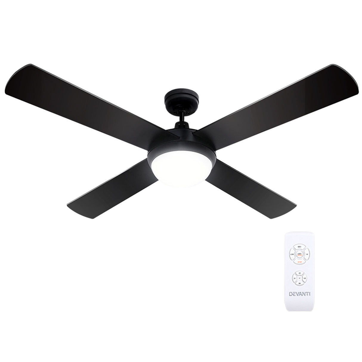 Black four blade ceiling fan installed in a modern living room