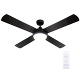 Black four blade ceiling fan installed in a modern living room