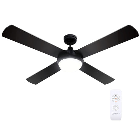 Black four blade ceiling fan installed in a modern living room