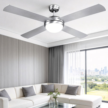 Silver 132 cm ceiling fan with four wooden blades and LED light