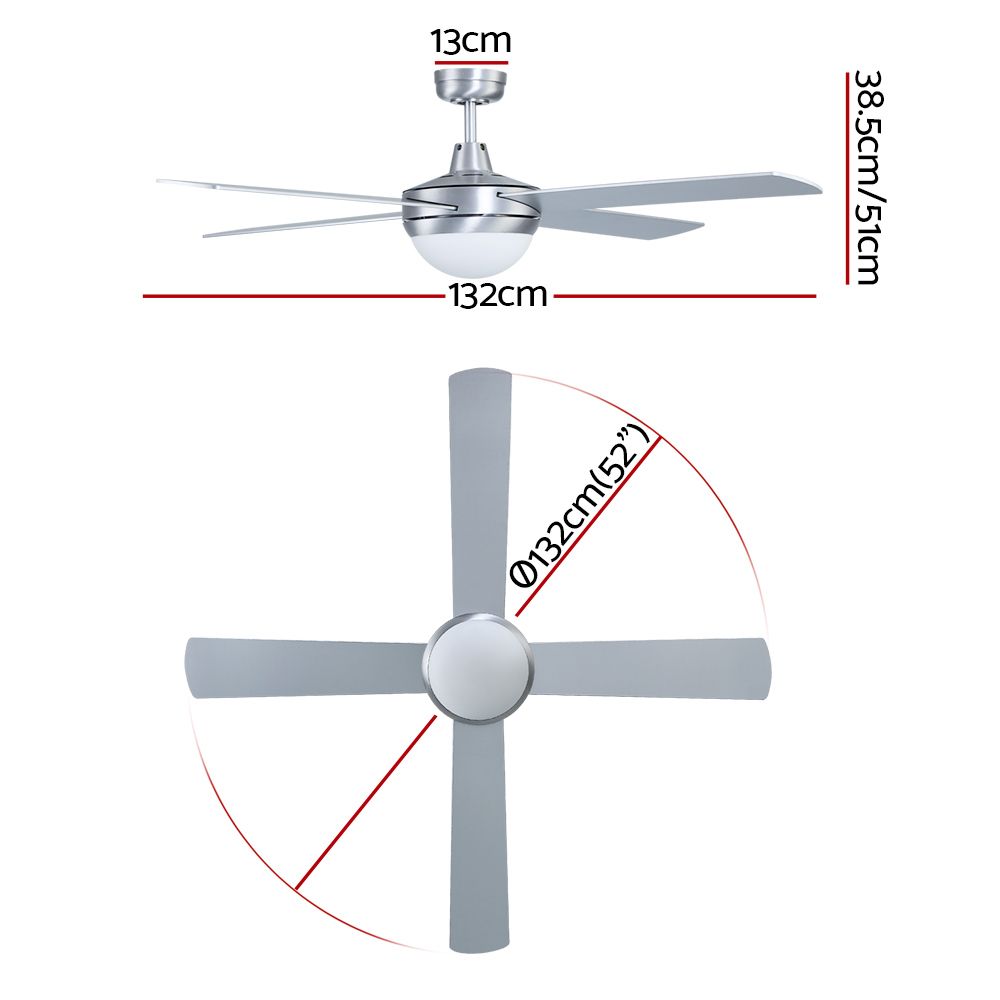 Silver ceiling fan with four plywood blades mounted in a lounge room