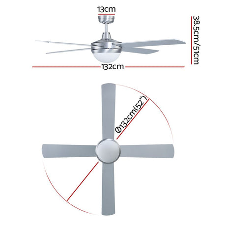 Silver ceiling fan with four plywood blades mounted in a lounge room