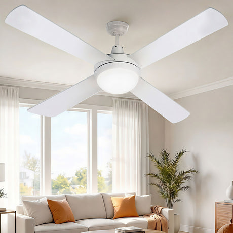White 132 cm ceiling fan with four wooden blades and LED light
