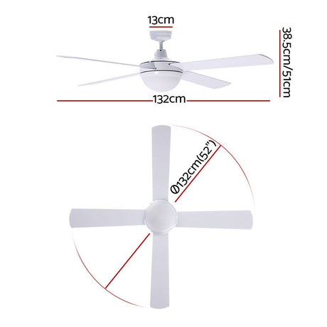 White four blade ceiling fan mounted above a living room