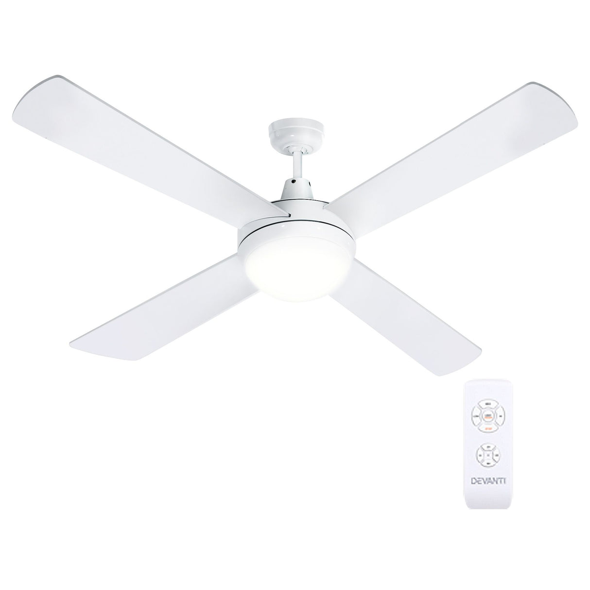 White ceiling fan shown with extension rod and mounting hardware