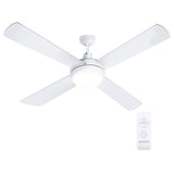 White ceiling fan shown with extension rod and mounting hardware