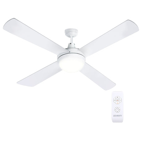 White ceiling fan shown with extension rod and mounting hardware