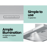 Dimension diagram of the 600 mm rangehood with 150 mm air outlet
