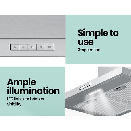Dimension diagram of the 600 mm rangehood with 150 mm air outlet
