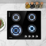 60 cm black tempered glass gas cooktop with four burners and cast iron grates