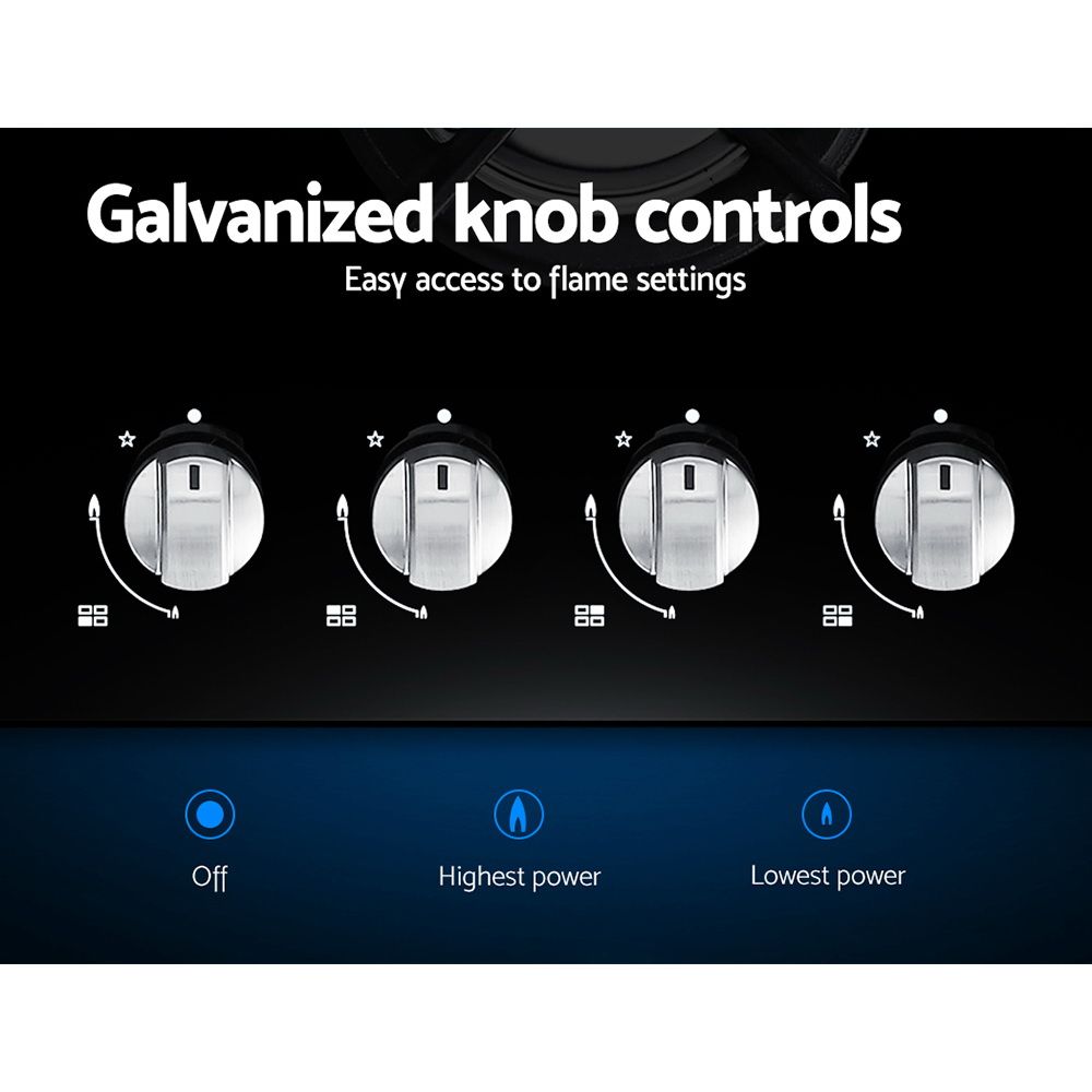 Galvanised knob controls along the front of the black gas cooktop