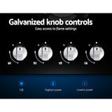 Galvanised knob controls along the front of the black gas cooktop