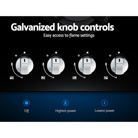 Galvanised knob controls along the front of the black gas cooktop