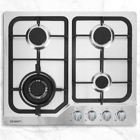 60 cm stainless steel gas cooktop with four burners and cast iron grates