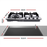 Silver gas cooktop installed in a kitchen benchtop with pots on the burners