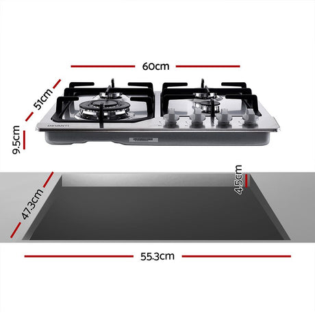 Silver gas cooktop installed in a kitchen benchtop with pots on the burners