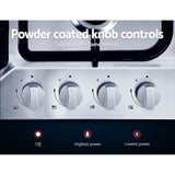 Powder coated knob controls along the front of the stainless steel cooktop