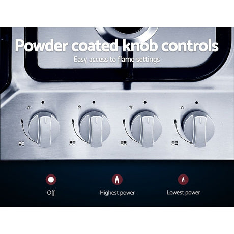 Powder coated knob controls along the front of the stainless steel cooktop