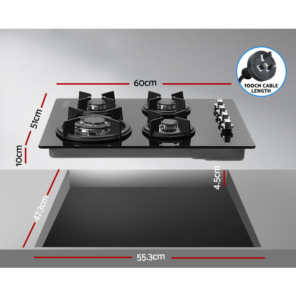 Black gas cooktop installed in a kitchen benchtop with cookware in use