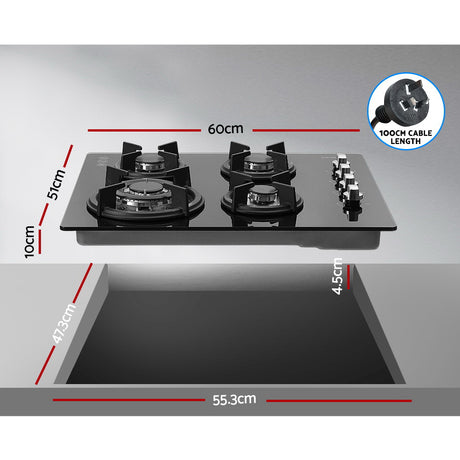 Black gas cooktop installed in a kitchen benchtop with cookware in use