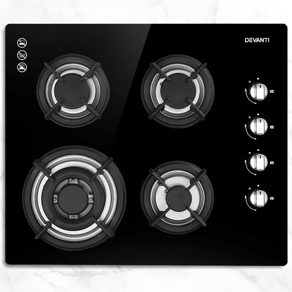 60 cm black tempered glass gas cooktop with four burners and cast iron grates