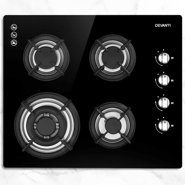60 cm black tempered glass gas cooktop with four burners and cast iron grates