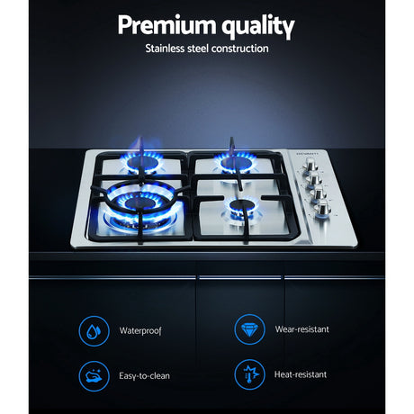 Galvanised knob controls along the front of the stainless steel cooktop