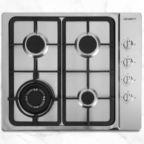 60 cm stainless steel gas cooktop with four burners and cast iron grates