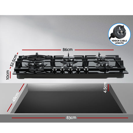 Wide black gas cooktop installed in a kitchen benchtop with pots in use