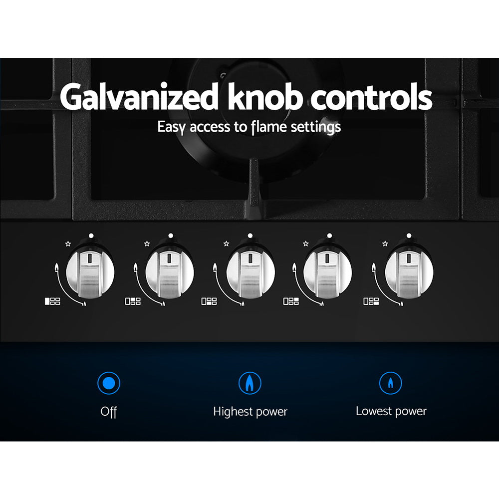 Galvanised knob controls along the front of the 90 cm gas cooktop