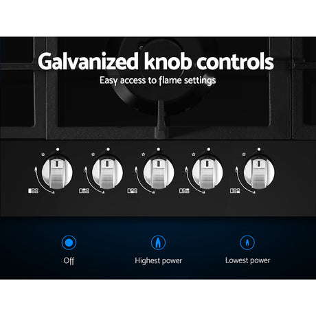 Galvanised knob controls along the front of the 90 cm gas cooktop