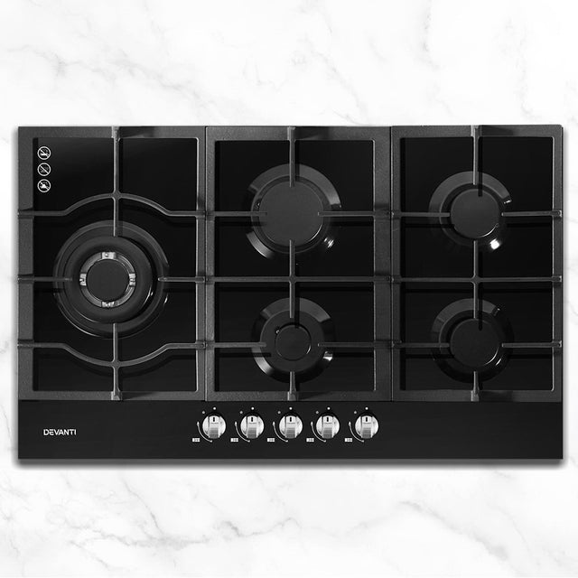 90 cm black tempered glass gas cooktop with five burners and cast iron grates