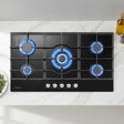 90 cm black tempered glass five burner gas cooktop, top view
