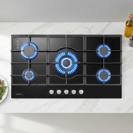 90 cm black tempered glass five burner gas cooktop, top view