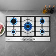 90 cm stainless steel five burner gas cooktop, top view