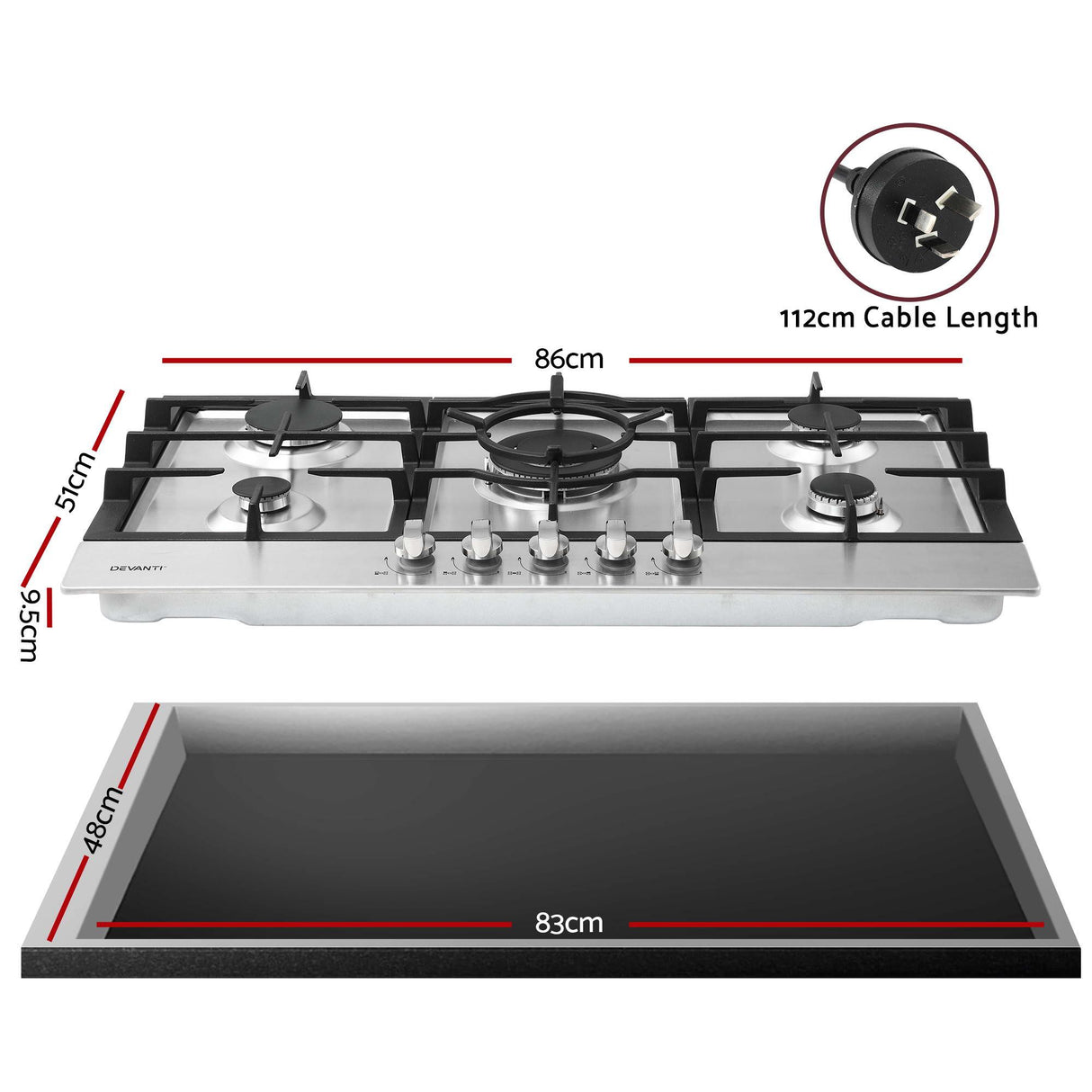 Stainless steel gas cooktop shown at an angle with cast iron pan supports