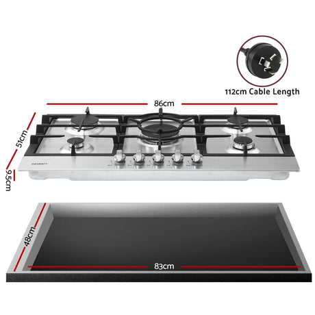 Stainless steel gas cooktop shown at an angle with cast iron pan supports