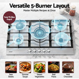Control knobs across the front of the stainless steel cooktop