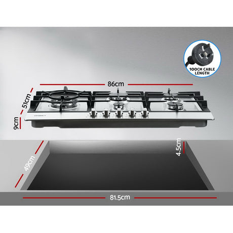 Wide silver gas cooktop installed in a kitchen benchtop with pots in use