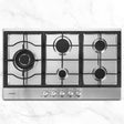 90 cm stainless steel gas cooktop with five burners and cast iron grates