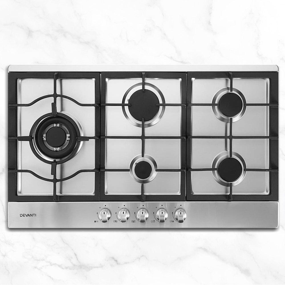 90 cm stainless steel gas cooktop with five burners and cast iron grates