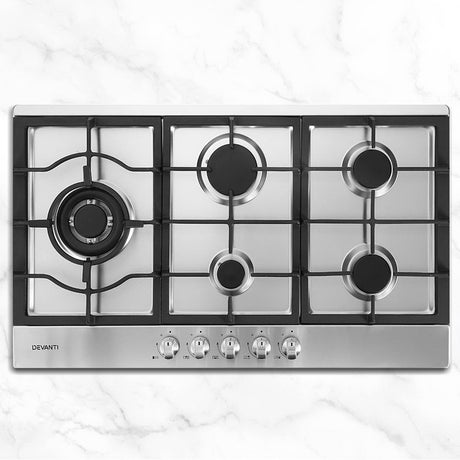 90 cm stainless steel gas cooktop with five burners and cast iron grates