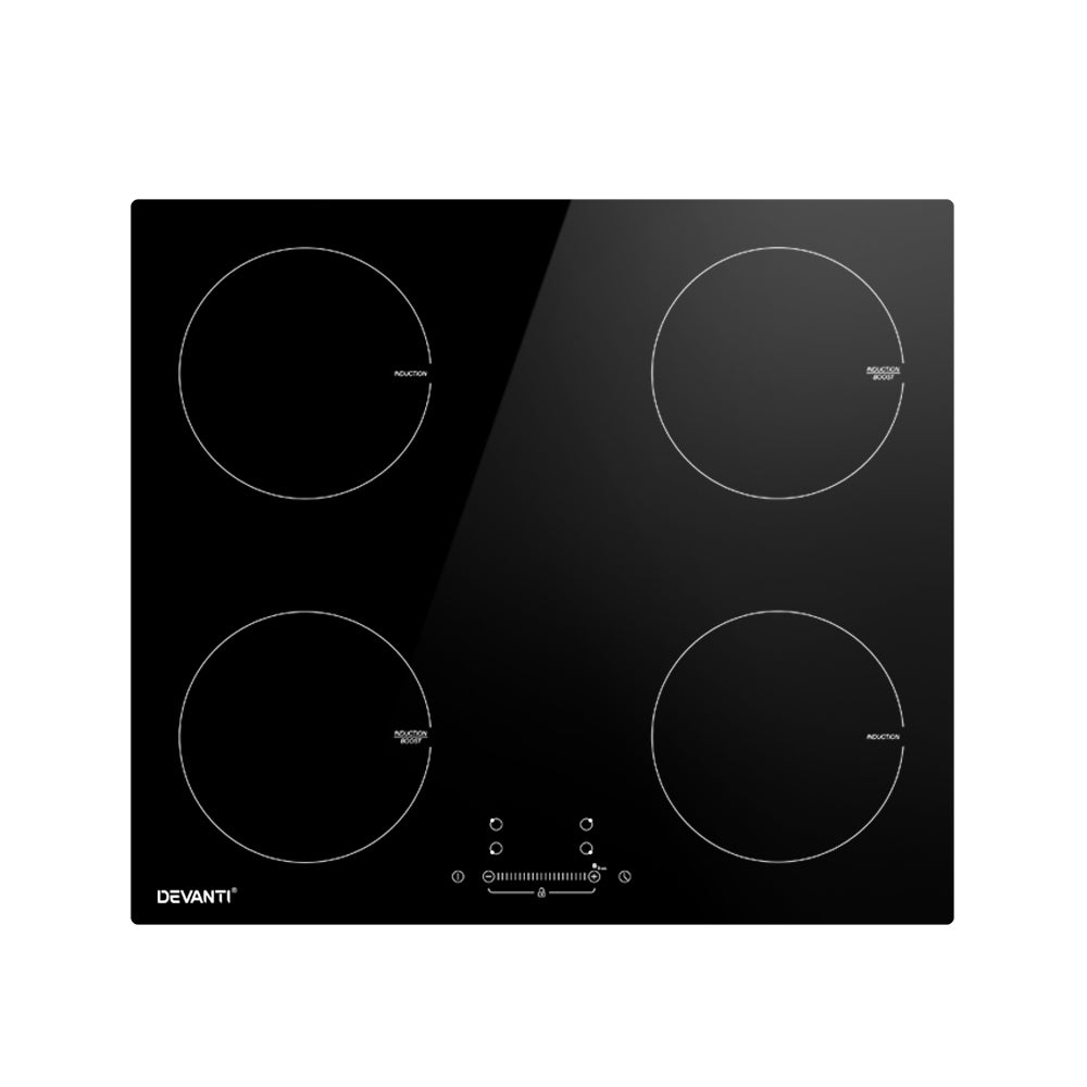 60 cm four zone induction cooktop with black ceramic glass surface and touch controls