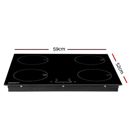 Black ceramic glass induction cooktop shown built flush into a kitchen benchtop