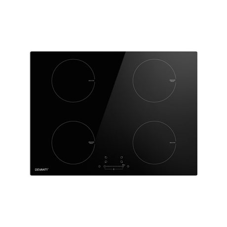 70 cm black ceramic glass induction cooktop with four cooking zones, top view