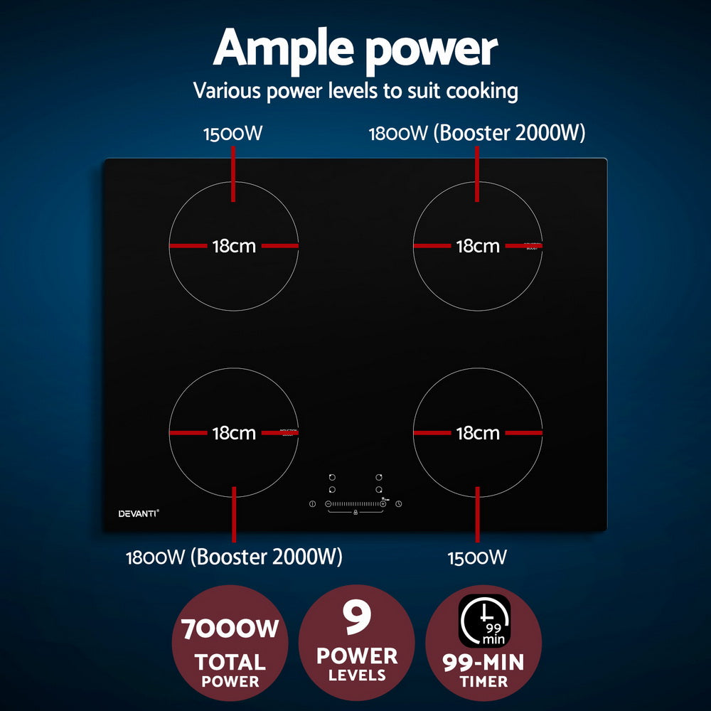 Four 18 cm induction cooking zones marked on the black ceramic glass surface