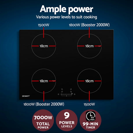 Four 18 cm induction cooking zones marked on the black ceramic glass surface