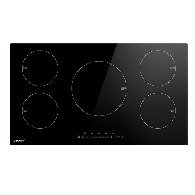 90 cm five zone induction cooktop with black ceramic glass surface and touch controls