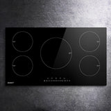 Detail of child lock, boost and 99 minute timer controls on the induction cooktop