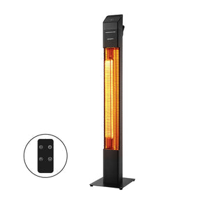 Black freestanding radiant tower heater with LED display and remote control